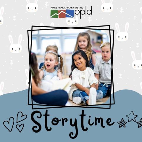 A group of preschoolers sitting on the floor listening to a story under a graphic that says Storytime.