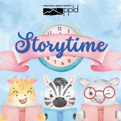 Pictures of a giraffe, zebra, and a hippo reading books sit below a clock. Graphic text reads "Storytime" over a pink banner.