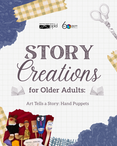 scissors and fabric with the words Story Creations with seven hand puppets
