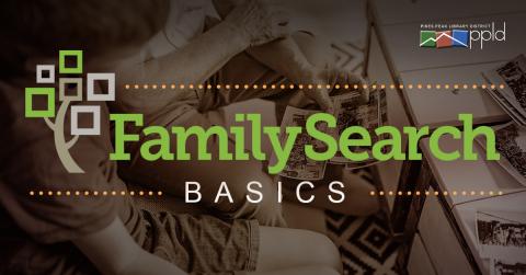 Graphic displaying text "FamilySearch Basics" with a child and an older adult looking at black and white photos in the background 