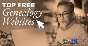 Graphic displaying text "Top Free Genealogy Websites" with man using a laptop computer and shelves of books in the background 