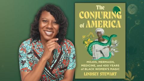 Author Lindsey Stewart with cover image of the book The Conjuring of America