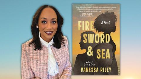 Author Vanessa Riley with cover image of her book Fire Sword and Sea
