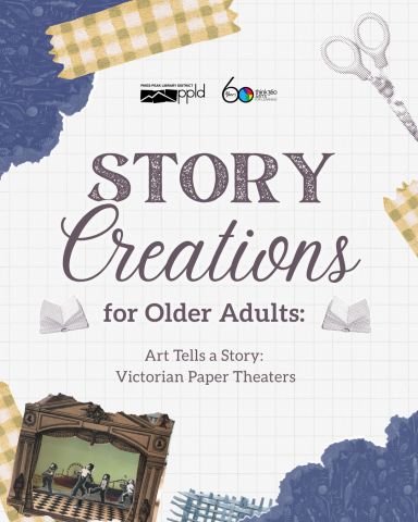 scissors and fabric with the words Story Creations and a paper theater