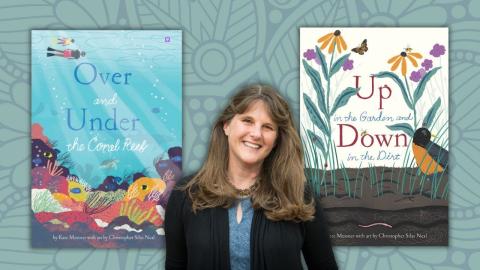 Author Kate Messner and two images of book covers