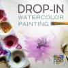 A brush points to the title 'Drop-In Watercolor Painting' which floats over a white background with paint palette to one side and a purple splotch in the center.