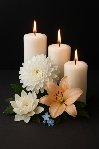 image representing grief with  white candles, a white Chrysanthemum, a peach lily, a blue forget-me-not, and white lotus flower