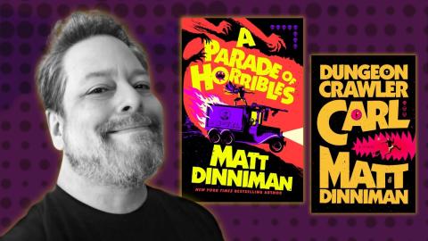 Photo of author Matt Dinniman and book cover images for A Parade of Horribles and Dungeon Crawler Carl