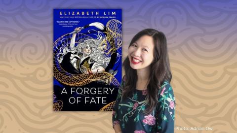 Photo of author Elizabeth Lim along with book jacket image of A Forgery of Fate