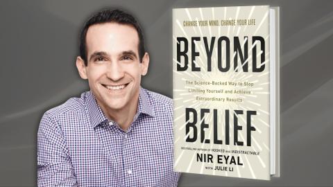 Photo of author Nir Eyal with book jacket cover image of Beyond Belief