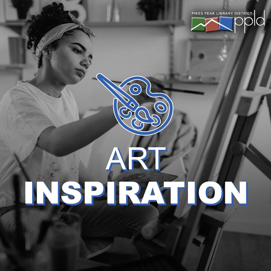 Photograph of a woman painting with overlay text reading 'Art Inspiration'