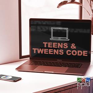 Text positioned on laptop with an icon of a computer: Teens & Tweens Code