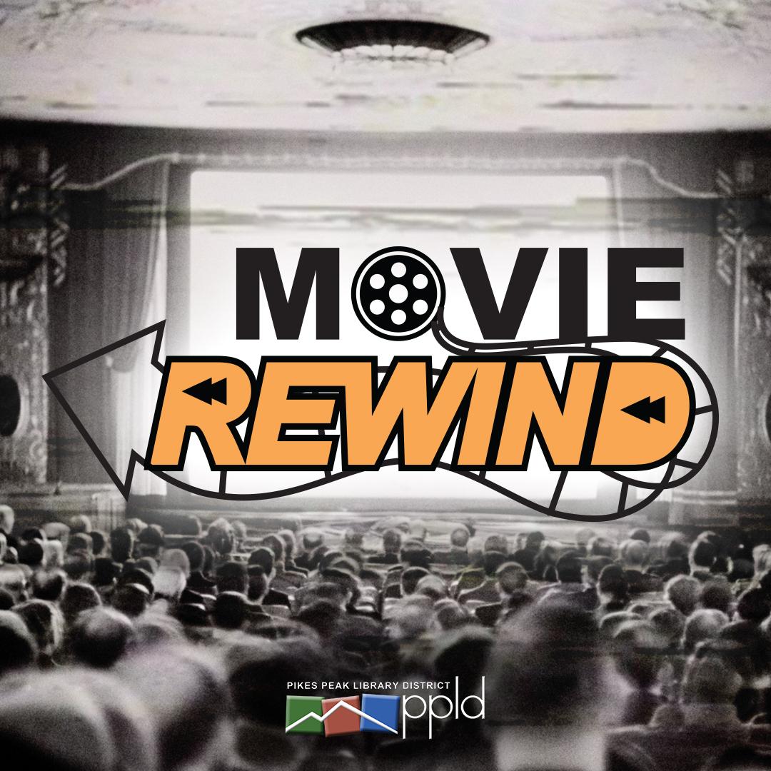 Image of a populated movie theater with the words Movie Rewind on a screen