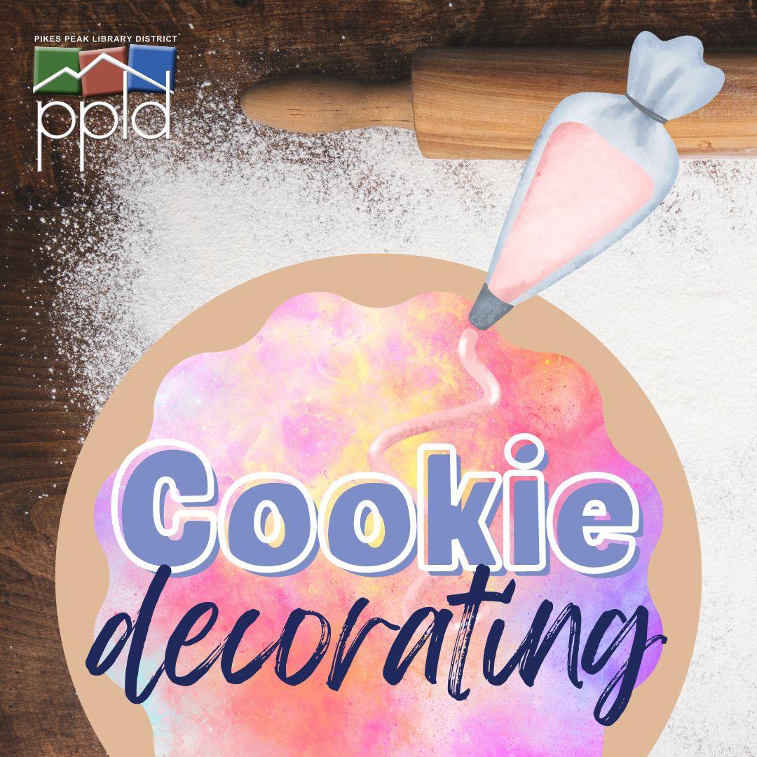 Text "Cookie Decorating" with a cookie being iced in the background.