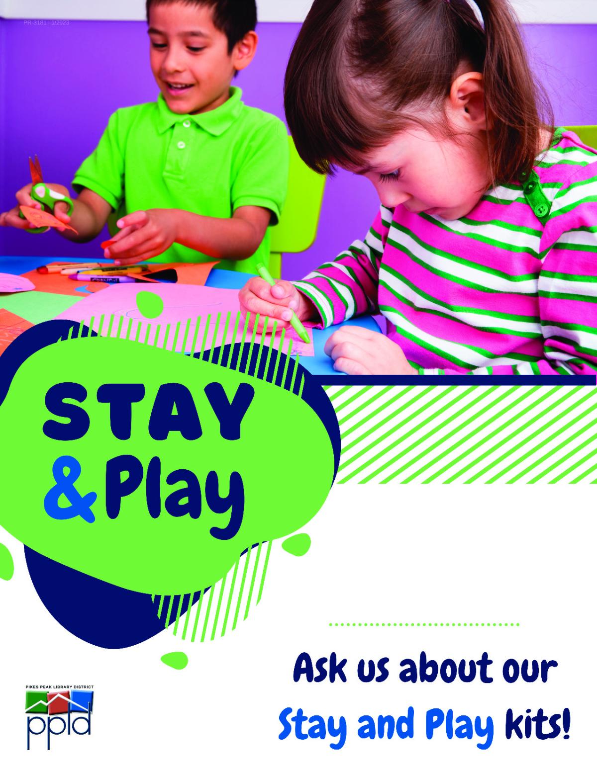 2 children palying with toys at a table, Stay and Play logo in foreground, blue letters on green background