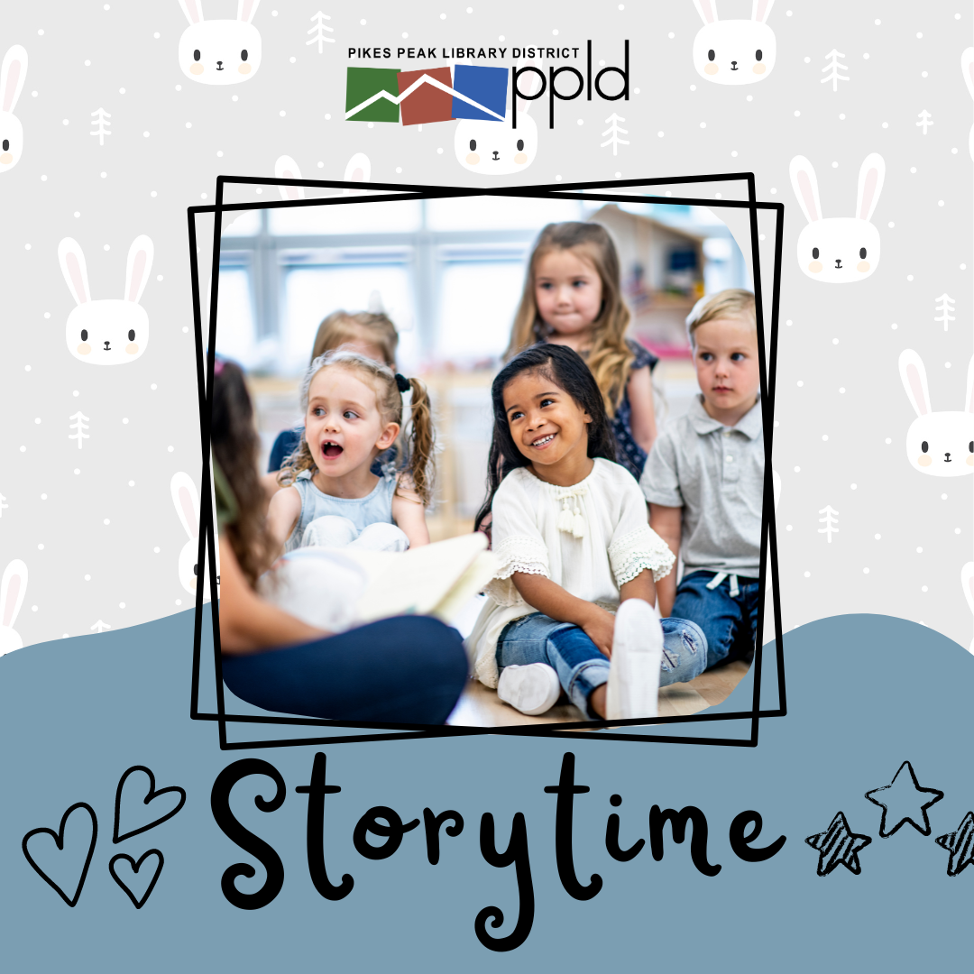 Photo of children sitting on floor participating in Storytime. Text reads Storytime.