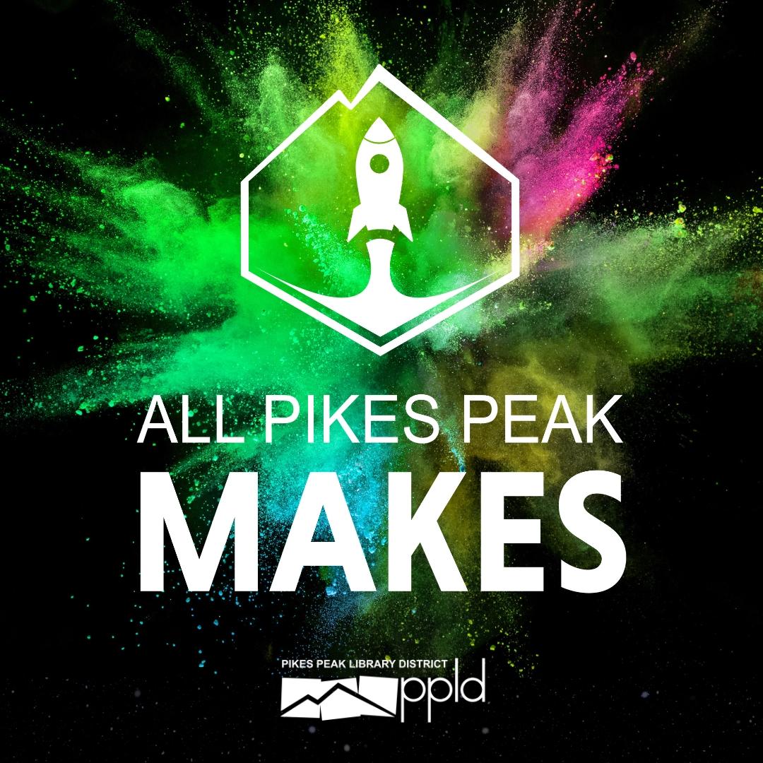 a graphic of a burst of colorful powders. Rocket ship logo. All Pikes Peak Makes. PPLD logo.