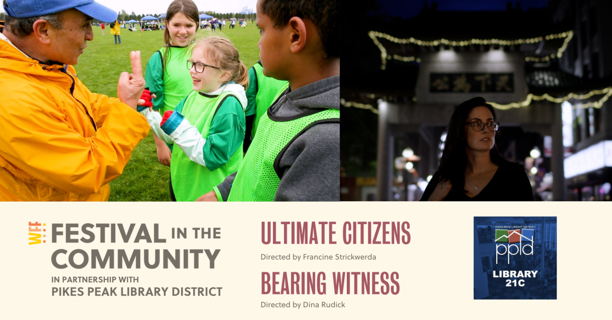 Picture with two images. Image on the left show man speaking to group of young athletes. second image shows woman walking through night street lit with overhead strands of lights. Lists names of films being shown and the PPLD logo.