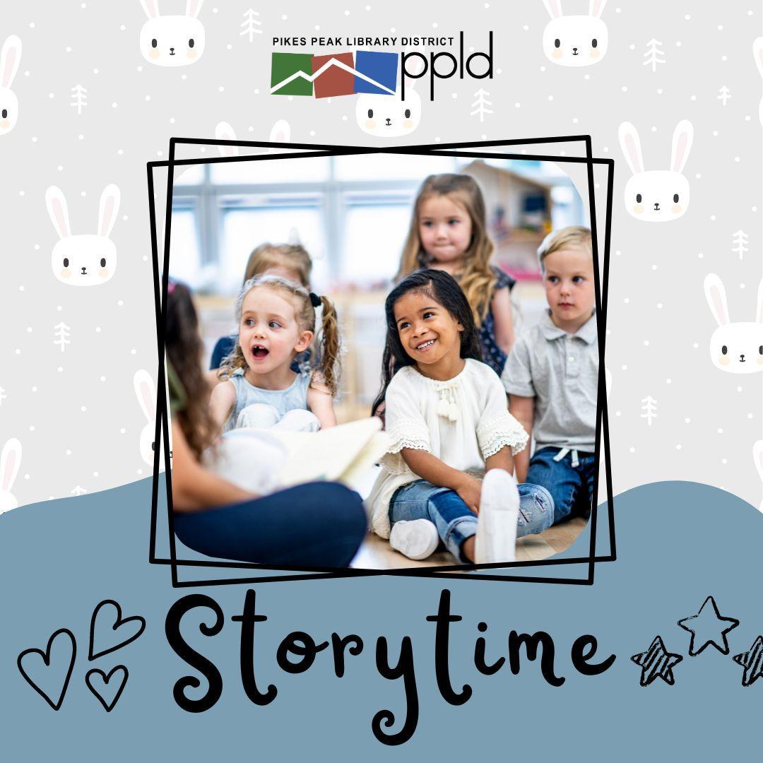 children gather to hear story. Graphic text reads "storytime" on a gray background with bunnies.