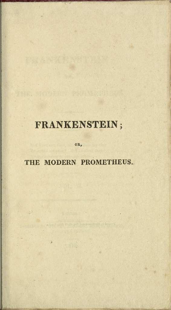 Cover of the book Frankenstein by Mary Shelley. It is a simple paper background with the phrase "Frankenstein or, The Modern Prometheus" in the middle.