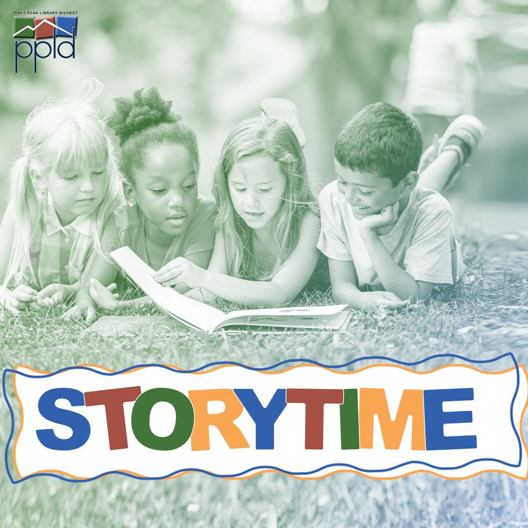 Four children reading a book together on the grass with a graphic that says Storytime.