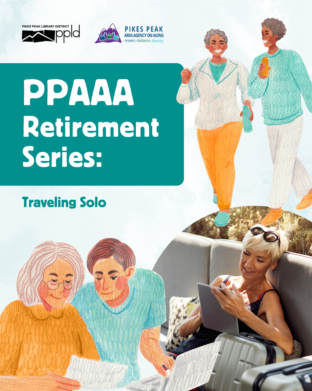 man and woman talking, two women walking, a woman reading sitting with her luggage