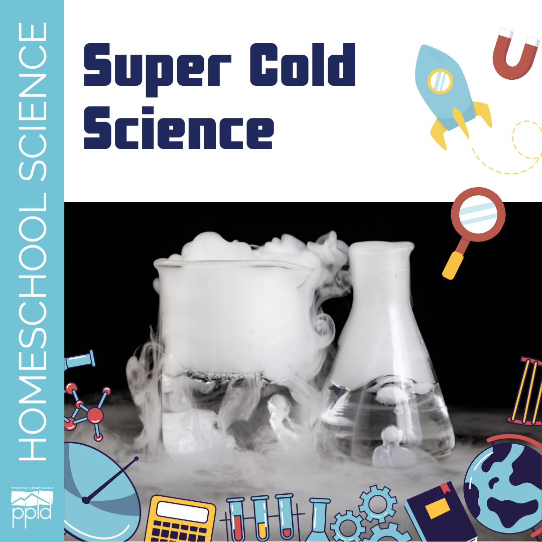 The tilte, Super Cold Science, is accompanied by the images of beakers.