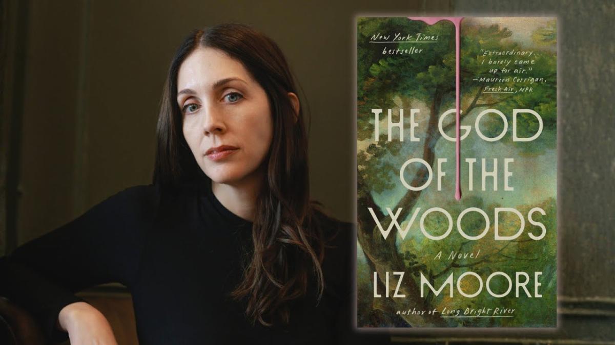 Photo of author Liz Moore and a cover image of the book jacket for her book The God of the Woods